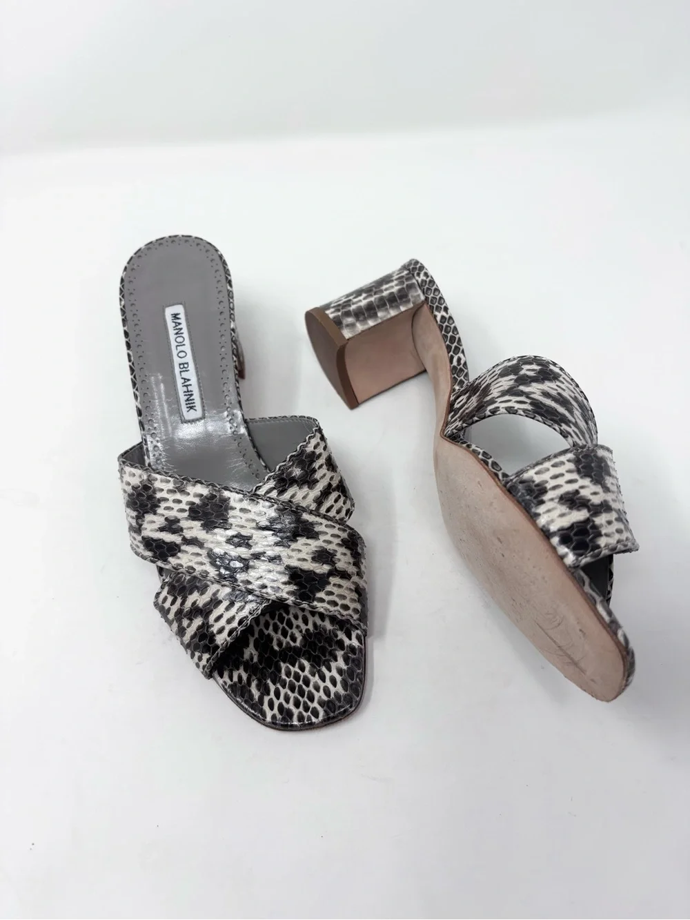 Manolo Blahnik Otawi Snakeskin Leather Crisscross Mule Sandal Black Cream 39.5